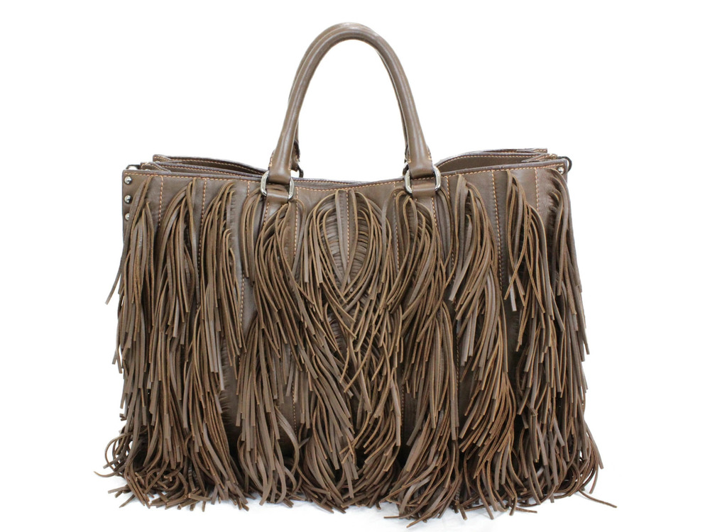 Prada Fringe Mothers Brown Handbag Leather Bag Brown